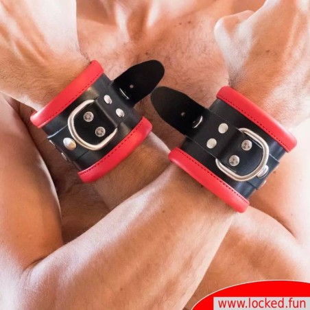 Menottes en cuir, rembourrées - noir  rouge