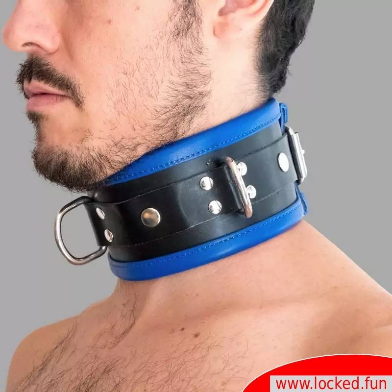 Collier de bondage en cuir noir  bleu Collier de bondage en cuir noir  bleu