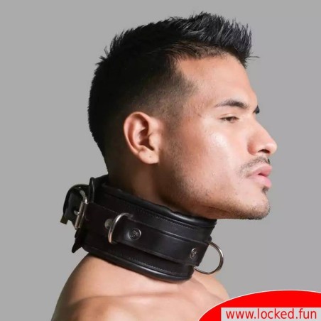 Collier BDSM en cuir, verrouillable, rembourré, avec anneaux en D - Collection San Francisco.