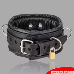 Collier BDSM en cuir, verrouillable, rembourré, avec anneaux en D - Collection San Francisco.