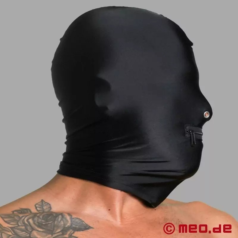Masque BDSM en spandex avec des orifices naseaux et un zip pour la bouche