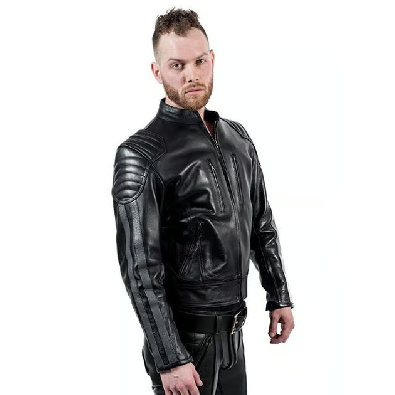 Mister B Veste Motard en Cuir Bandes Grises